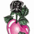 Pixelated image of a pink apple with a dark rose on top, surrounded by green leaves, with text reading 'so gentle', 'yet', and 'so deadly' on black background.