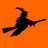 Black silhouette of a witch on a broomstick against an orange background, with a gray square in the bottom-right corner.