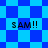 Blue and cyan pixelated background with four instances of 'SAM!!' text in dark blue, arranged in a pattern