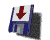 Animated sequence of a blue floppy disk icon with red arrow, showing rotation and partial disassembly into separate components.