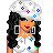Pixel art character with long black hair wearing white outfit covered in colorful plus signs and flowers, holding a matching bag.