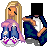 Pixel art contact sheet of seven animated frames showing a blonde character in various outfits and poses with text overlay reading "i need someone to fill the blank" on black background.