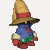 Pixelated character in blue outfit with red boots and green accents, wearing a large brown hat with red band, shown in multiple walking poses against white background.