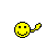 A 5x5 contact sheet of pixelated yellow smiley face icons with various poses, speech bubbles containing text like "LOOK", "AT", and "ME!", and some frames showing blue pants or pink shorts.