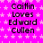 A static image with a bright pink background covered in small white stars, displaying repeated text "Caitlin Loves Edward Cullen" in black pixelated font across multiple