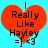 Red heart-shaped icon with black text 'Really Like Hayley =] <3' on cyan background, two identical frames side-by-side.