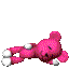 Pink teddy bear with white paws and feet lies on gray background, shifting poses