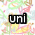 Pixelated text fragments 'uni', 'pega', 'cornz', 'are', and 'my life!' appear over a colorful abstract background with swirling lines.