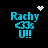 Pixelated blue text 'Rachy' above a stylized icon with 'U!!', featuring animated white heart and starburst effects on black background.