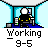 A 4x4 contact sheet of a pixel art animation showing a stick figure working at a desk with repeated text "Working 9-5" on gray bars below each frame.