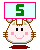 Pixelated cartoon cat head with pink cheeks and brown whiskers, holding a light blue sign with green number 5 on top of its head.