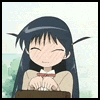 Anime-style character with long dark hair and bangs, wearing a beige sweater over white shirt with red collar detail, hands clasped on brown surface.