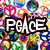Pixelated icon with 'PEACE' text over colorful peace signs, a red heart with 'Love', and a pink-and-black tiger-like creature holding 'JB!' below.