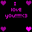 Pixelated text and heart symbols in pink and purple on black background, with repeated 'I LOVE you!!!!!<3' phrases.