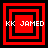 Four red and black square frames with white text 'KK JAMED' arranged in a , each frame showing different nested square configurations