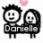 Pixelated cartoon couple with spiky black hair and long dark hair holding hands, pink heart above them; one version shows text "Danielle" over the pair.