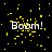 Black background with yellow pixelated particles and white 'Boom!' text in five positions, one gray rectangle visible on the right.