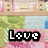 Pixelated image with 'Love' text in black and white block letters over a pastel background featuring green, blue, pink, and beige tones.