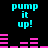 Pixelated cyan text "pump it up!" appears in two above pink audio waveforms on a black background