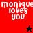 Pixelated text 'monique loves you' appears on red, dark red, black, and maroon backgrounds with star symbols changing color between frames.