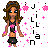 Pixel art contact sheet showing two frames of an animated icon featuring a cartoon woman with brown hair, black outfit, and pink accents surrounded by floating pink particles and text elements.