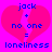 Pixelated pink heart split into two halves on bright magenta background with blue text reading 'jack + no one = loneliness' in a