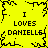 Yellow background with black pixelated text and border elements repeating "I LOVES DANIELLE" in four quadrants, surrounded by jagged black lines.