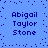 Blue background with dark blue pixelated text reading "Abigail Taylor Stone" in four identical quadrants, surrounded by scattered dark blue dots.