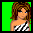 Pixel art contact sheet showing three animated frames of a cartoon woman in different poses with green background and text boxes below each frame.