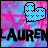 Pixelated blue heart-shaped icon with black dot patterns on pink and blue tie-dye background, displaying text "LAUREN" in bold black letters.
