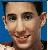 A split-frame contact sheet showing a pixelated human face on the left and blue background with light blue text reading "let's get funky tonight" on the right, both in low-resolution 48x50 pixels.
