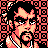Pixelated 48x48 static buddy icon featuring a stylized character with black hair, peach skin tones, and a red-and-black patterned background with circular motifs.