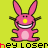 Pixelated pink bunny with yellow nose and white teeth on lime green background, repeated in pattern with partial text overlay