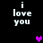 Pixelated text 'i love you' in white on black background with animated purple hearts appearing and disappearing.