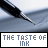 Two side-by-side animated frames of a pen tip drawing on paper with text below reading "THE TASTE OF INK" in pixelated font.