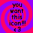 A static image with four identical quadrants featuring a red and purple spiral background, black text reading "you want this icon!!! <3", and no visible animation.