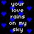 Pixelated text repeats 'your love rains on my sky' with blue hearts on black background, animated heart overlays shift position.