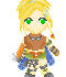 Pixel art character with blonde hair and green eyes in six sequential poses showing arm and leg movements against gray background.