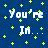 Blue background with green plus signs and white hearts, displaying partial text 'You're All Of In... My Dreams' in pixelated font.