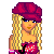 Pixel art buddy icon featuring a blonde woman in pink and gray attire with visible text "sex" on a bright pink background, displayed as part of an animated contact sheet.