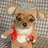 Pixelated dog with blue headband and red bow on chest against textured background, surrounded by purple text