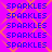 A static digital image displays repeated text "SPARKLES" in blue pixelated font over a bright purple background with orange diamond-shaped patterns.