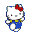 Pixelated white cat with red bow, blue overalls, and yellow shirt in six sequential poses showing walking motion against gray background.