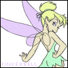 Animated Tinker Bell icon with blonde hair in a bun, purple wings, green dress, and 'TINKERBELL' text at bottom, showing eye movement from open to closed.