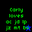Green pixelated text 'Carly loves ac jd lp jz mt bk' on black and blue backgrounds with a small star symbol changing color between frames.