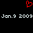Red pixelated heart symbol above repeated white text reading Jan. 9 2009 on black background.