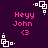 Pixelated text and symbols on a dark purple background with repeating white corner elements.
