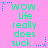 Pixelated text on pink background with blue and purple star accents, displaying 'WOW. life really does suck.' in green font.