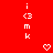 Red background with repeated white pixel art text 'i <3 m k' and heart symbols arranged in a pattern