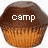 Two pixelated cupcake icons side-by-side with brown frosting and orange base, each displaying distinct text on the top surface.